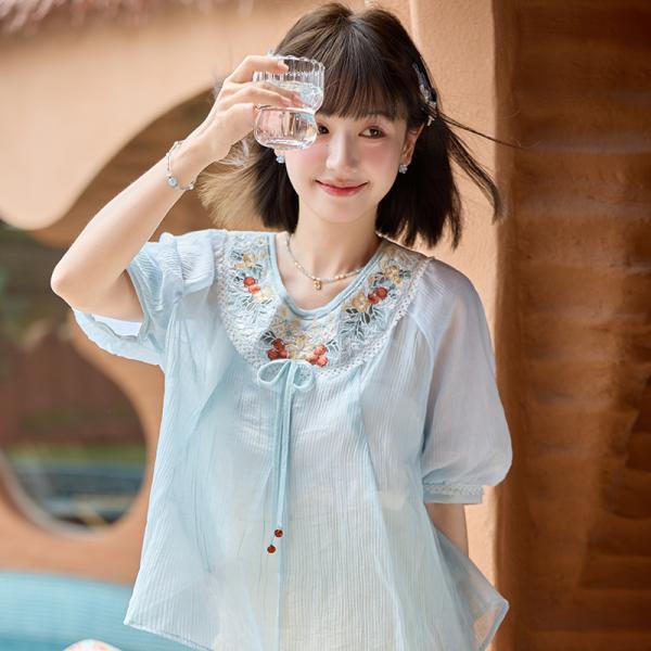石榴刺繍シャツ+ミニスカート　　[夏石榴]