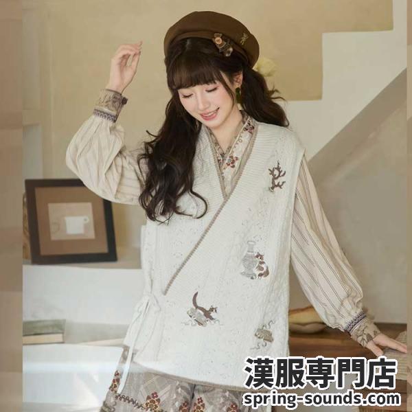 猫刺繍ベスト ウール 【十三余--得闲】