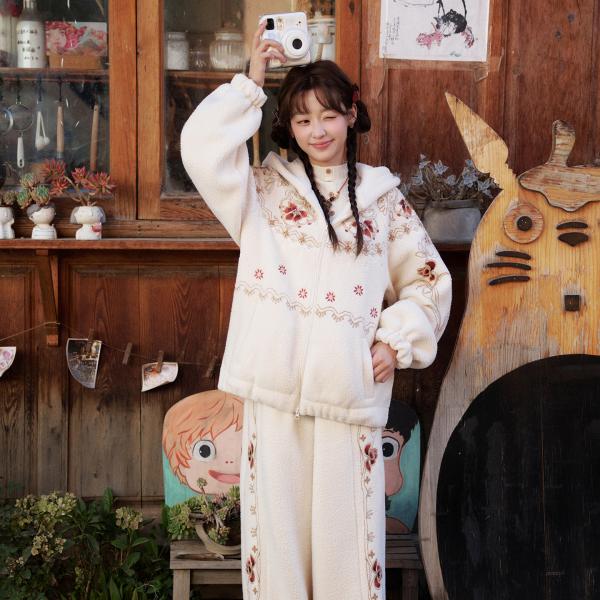 フリース刺繍 パンツセット 保温　[十三余-如焰]