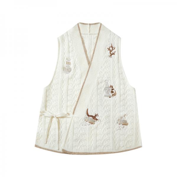 猫刺繍ベスト ウール 【十三余--得闲】