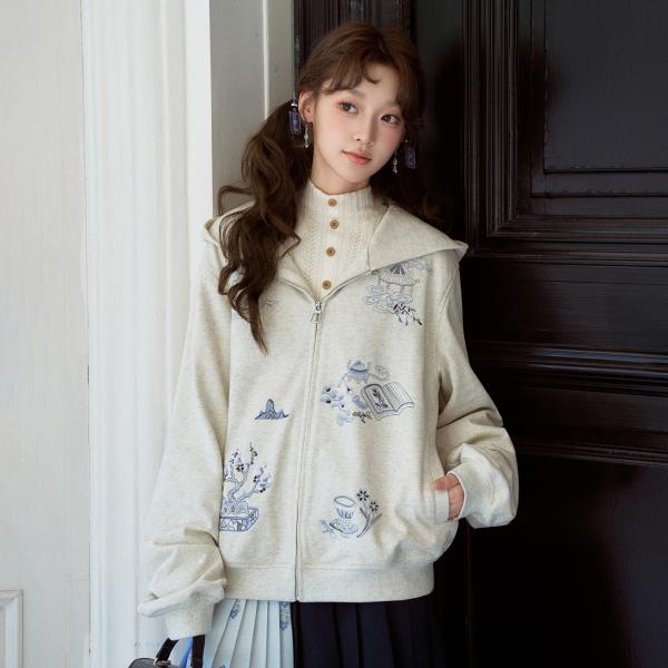 刺繍パーカー　コットン　十三余[辋川忆]