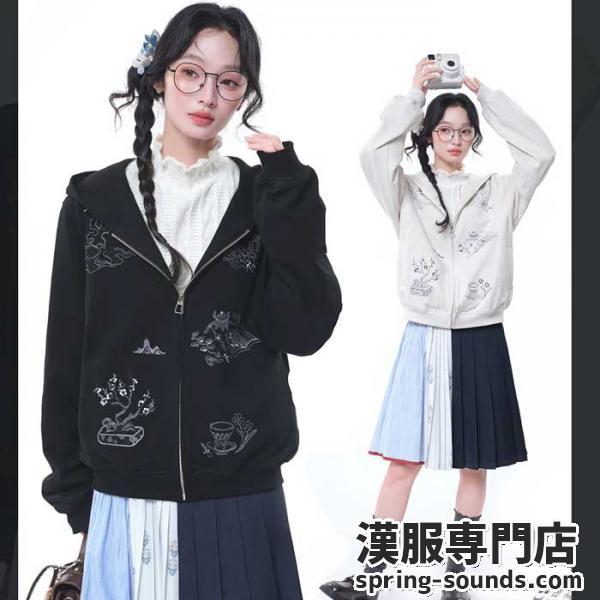 刺繍パーカー　コットン　十三余[辋川忆]