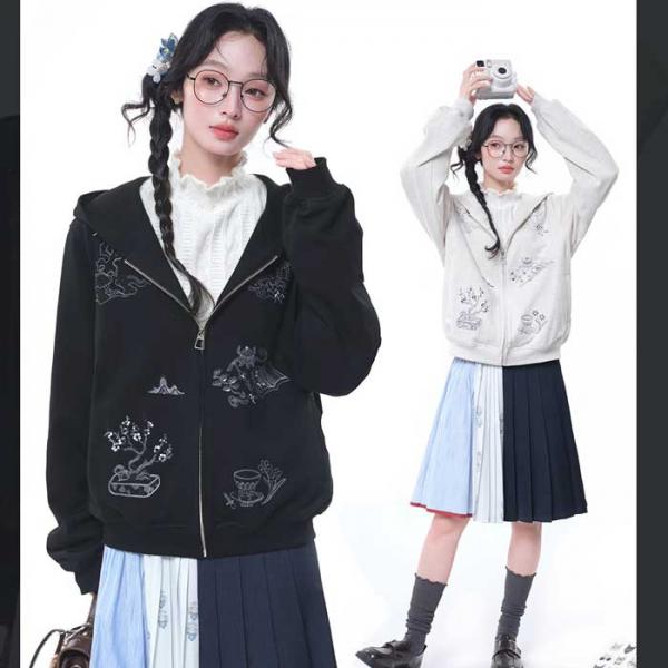 刺繍パーカー　コットン　十三余[辋川忆]