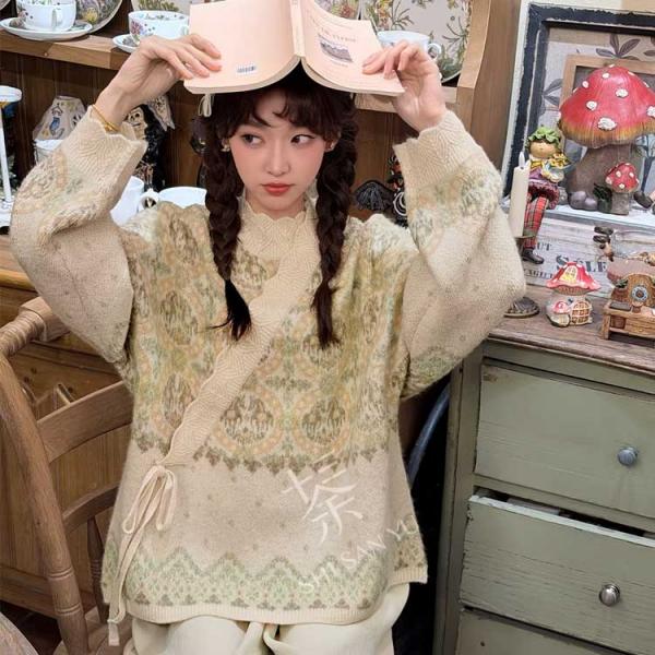 中華テイスト ゆったり曲襟セーター オーバーサイズ 柔らかニット 女性用  十三余[绘锦]