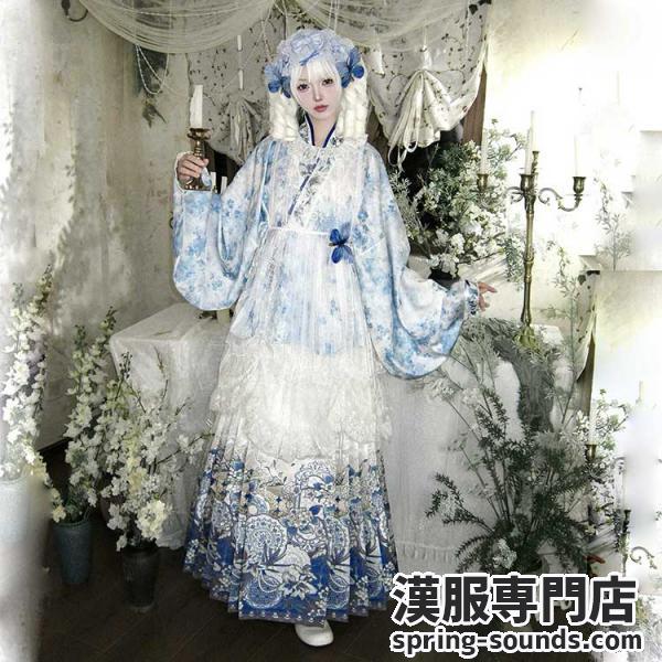 花柄刺繍 明制レディース漢服  琵琶袖 花仙记【青瓷问镜】