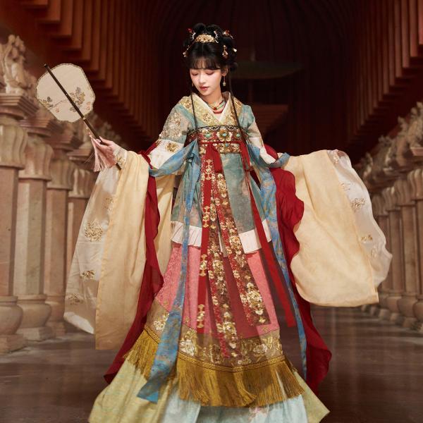 晋代（しんだい）様式の漢服 刺繍入り破裙 柄入り半袖の大袖襦 [青鸾宝瓶]