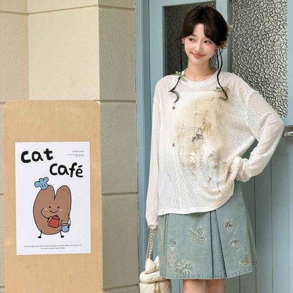 苎麻ニット長袖トップス＆デニム三本プリーツスカート 水墨画風 十三余[柳斋]