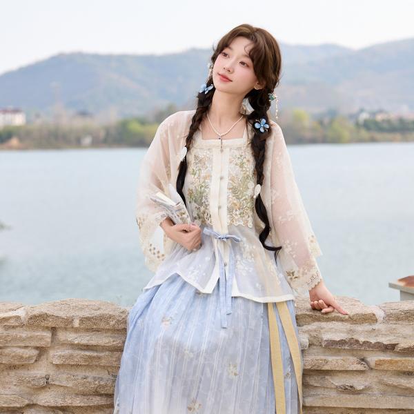 ジャカード対襟トップス × ゴムギャザーパンツ 丸紋刺繍モダン漢服 十三余[又逢春]