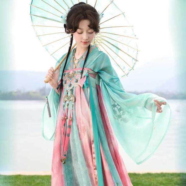 配色トップス × 胸上げワンピース 丸紋刺繍 唐制漢服 レディース 　十三余[蝶生春涧]