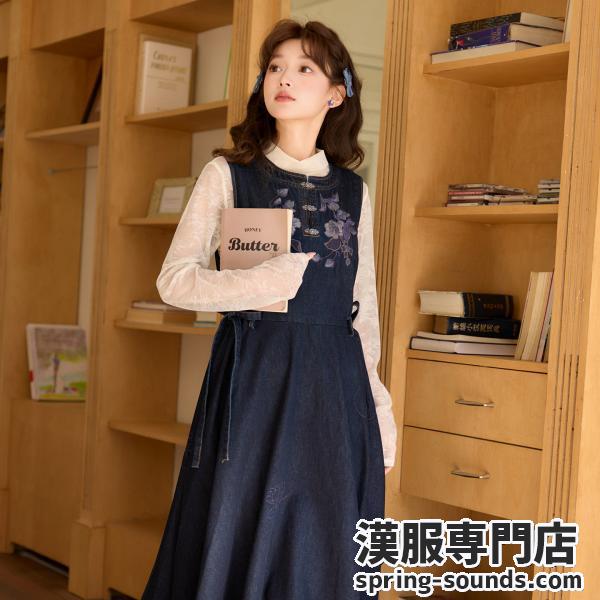 刺繍デニムワンピース 十三余小豆蔻儿[夜棠]